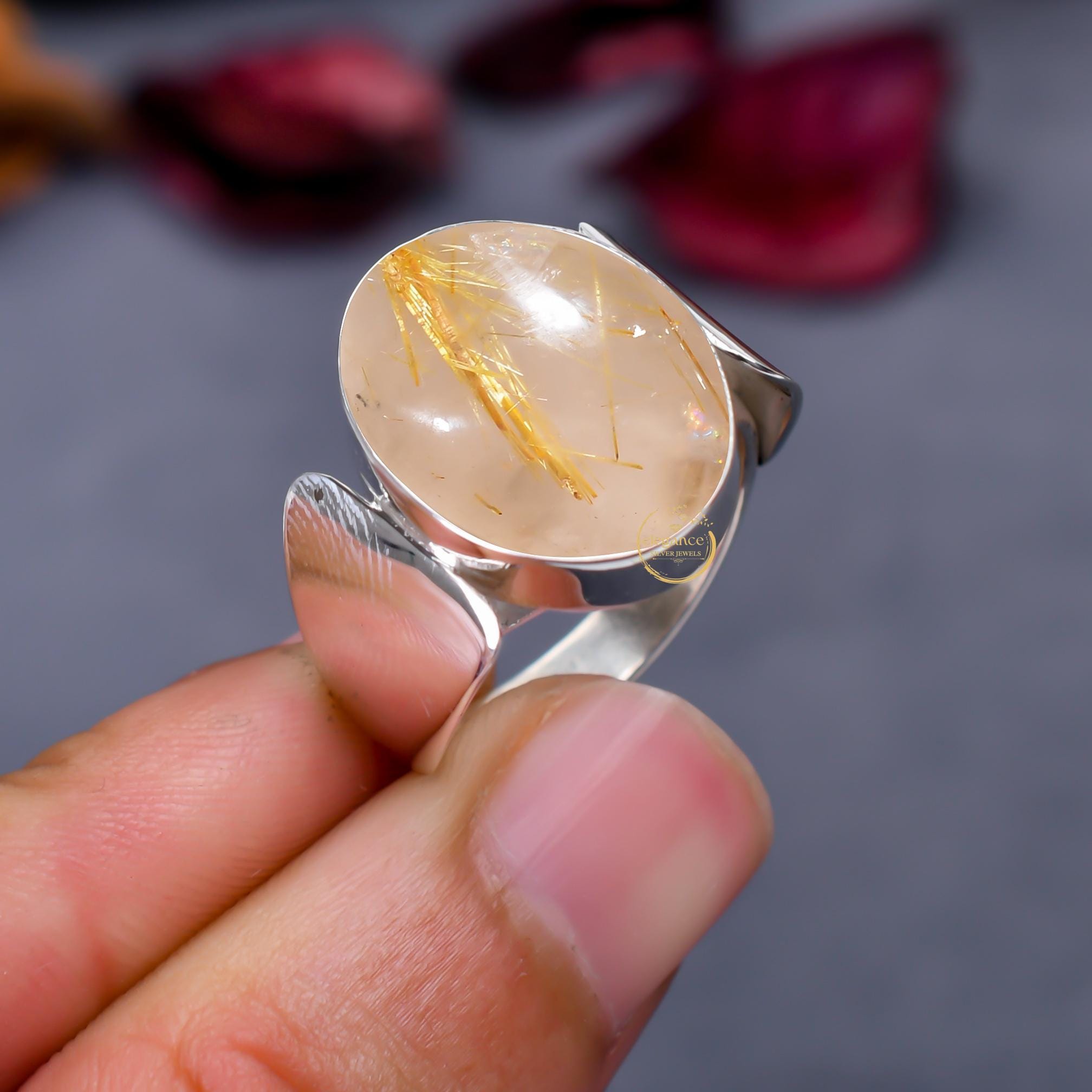 ハンドメイドのゴールデンルチルクォーツリング：925スターリング