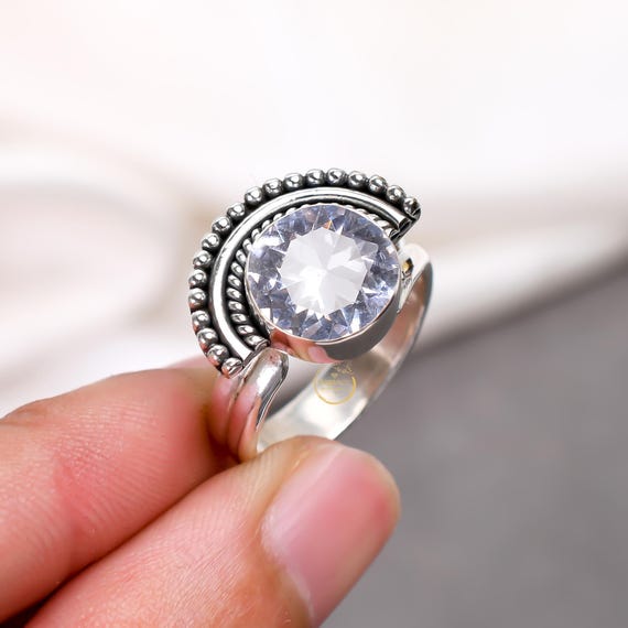 Handmade White Topaz 925 Sterling Silver Ring - Oval Gemstone Stackable Band (AGI Certified)