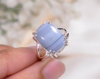 Blue Lace Agate Sterling Silver Ring, Handmade Statement Ring