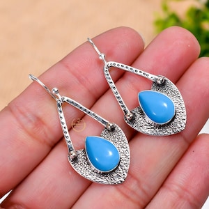 Sleeping Beauty Turquoise Gemstone Earring 925 Sterling Silver Earring, Blue Stone Earring, Handmade Dangling Earring Long Hook Earring