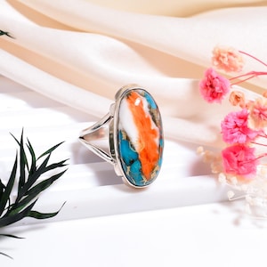 Natural Orange Spiny Oyster Turquoise Gemstone Ring, Statement Ring, Handmade Ring, Turquoise Jewelry ,925 Sterling Silver Ring For Women