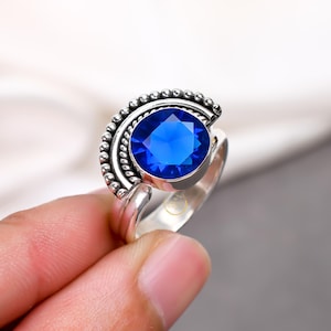 Blue Sapphire Gemstone Ring Handmade Ring 295 Sterling Silver Ring Statement Promise Ring Blue Stone Ring 10 mm Round Ring For Women Gift