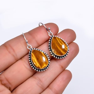 Natural Tiger&#39;s Eye Earring, 925 Sterling Silver Earring,Gemstone Earring, Drop Dangle Earring, Handmade Earring, Wedding Jewelry Gift