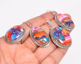 Pink Spiny Oyster Turquoise Necklace Earring Set: 925 Sterling Silver Jewelry, Gifts For her