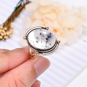 Dendritic Agate Gemstone Ring, Sterling Silver Handmade Jewelry, Oval Dendritic Designer Ring For Women, Boho Dainty Promise Gift Surprise