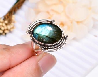 シルバーラブラドライトリング、調節可能な宝石リングジュエリーギフト