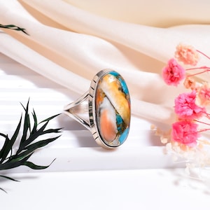 Natural Spiny Oyster Turquoise Ring,92.5 Sterling Silver Ring, Handmade Ring, Orange Spiny Oyster Ring, Women&#39;s For Love Ring, Gift For Her