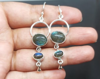Natural Blue Labradorite 925 Sterling Silver Dangle Earrings