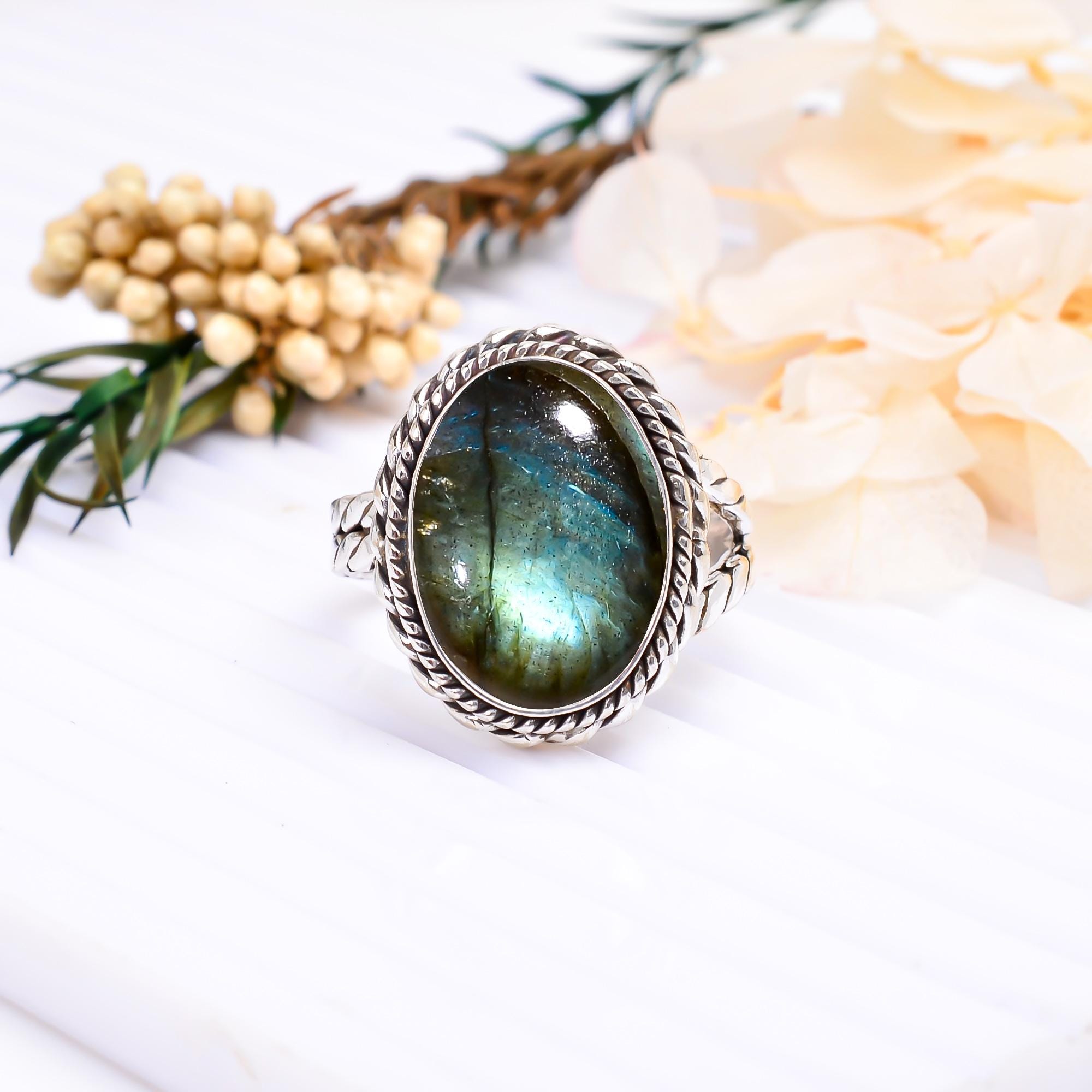 Adjustable Labradorite 925 Sterling Silver Ring: Oval Gemstone - Etsy