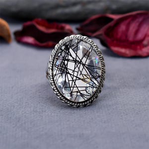 Black Rutile Quartz Gemstone Ring, Statement Ring, 925 Sterling Silver Ring, Handmade Adjustable Ring, Birthday Gift Ring For Women  Gift