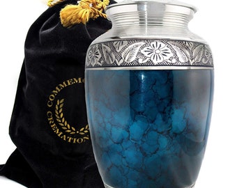 Blue Cremation Urn for Human Ashes: Hand-Engraved Aluminum, Velvet Bag