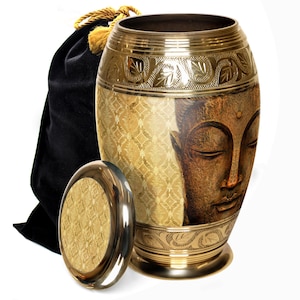Gouden Boeddha-urn: met de hand gegraveerd aluminium, veilig deksel