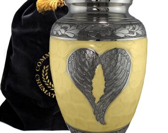 Yellow Angel Wings Cremation Urn: Hand-Engraved Aluminum, Keepsake Urn