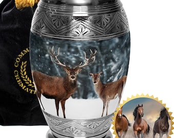 Deer Cremation Urn for Human Ashes: Hand-Engraved Aluminum, Secure Lid