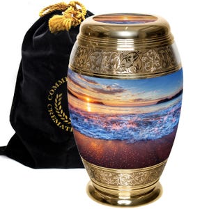 Crematie-urn Hawaiian Sunset: handgegraveerd aluminium, veilig deksel