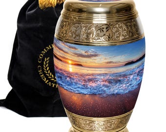 Hawaiian Sunset Cremation Urn: Hand-Engraved Aluminum, Secure Lid