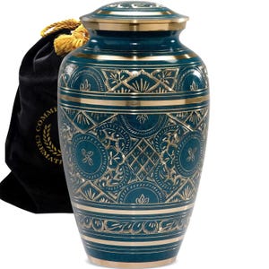 Teal Cremation Urn: Hand-Engraved Brass Urn for Ashes