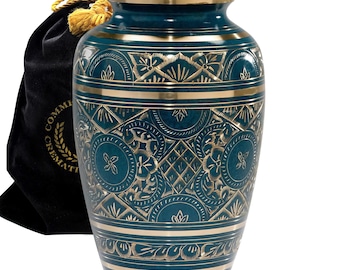 Teal Cremation Urn: Hand-Engraved Brass Urn for Ashes