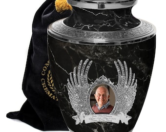 Elegant Black Cremation Urn: Faux Marble Finish, Hand-Engraved