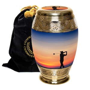 Golfcrematie-urn voor as: met de hand gegraveerd aluminium, fluwelen cadeauzakje