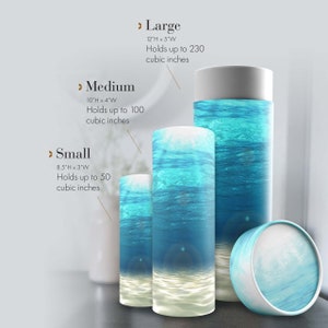 May include: Three cylindrical containers with a blue and white ocean-themed design. The containers are labeled "Small", "Medium", and "Large" and list the dimensions and cubic inch capacity of each size.