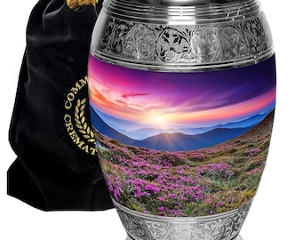 Heavenly Sunset Cremation Urn: Hand-Engraved Aluminum, Carpathian Mountain Design