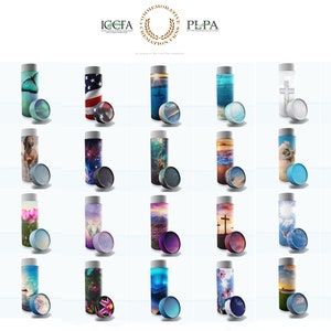 May include: A collection of 36 different cremation urns with various designs and colors. The urns are made of cardboard and have a cylindrical shape. The designs include butterflies, flowers, landscapes, and religious symbols.