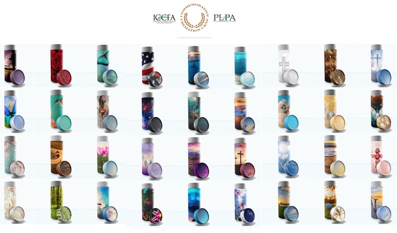 May include: A collection of 36 different cremation urns with various designs and colors. The urns are made of cardboard and have a cylindrical shape. The designs include butterflies, flowers, landscapes, and religious symbols.