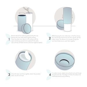 May include: A four-step illustrated guide on how to use a cremation urn. The steps are numbered 1 through 4. The urn is white and light blue. The steps show how to remove the lid, place the ashes in the urn, secure the lid, and scatter the ashes.