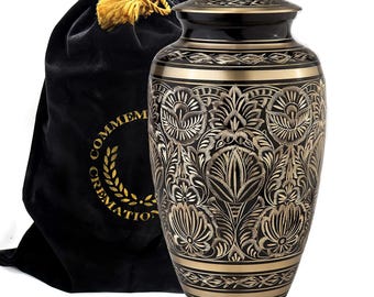 Black Cremation Urn for Human Ashes: Hand-Engraved Aluminum