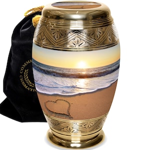 Endless Summer Cremation Urn: Sunset Beach Scene, Hand-Engraved Aluminum