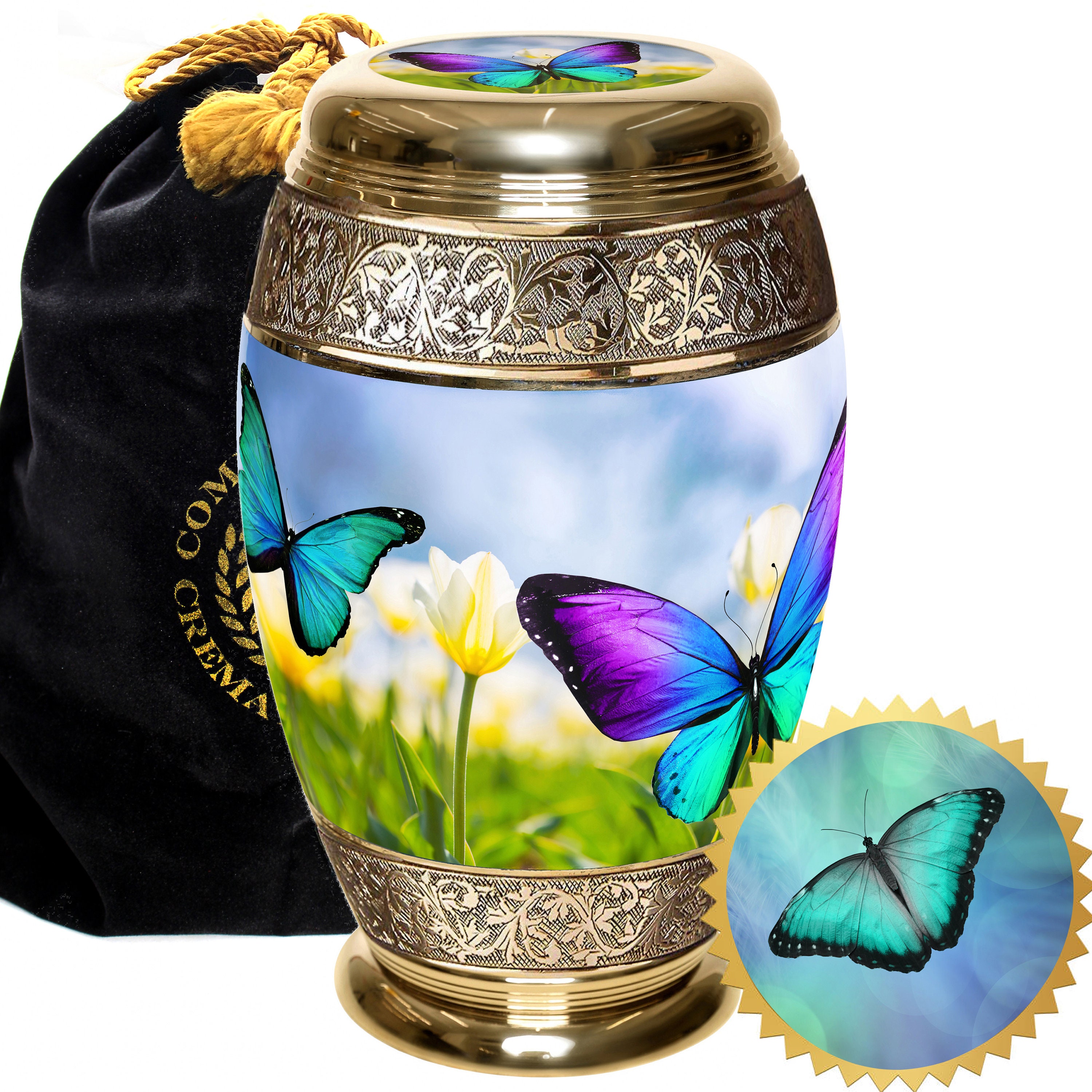 Cremation urn Floral Butterflies Medium Brass for Ashes 
