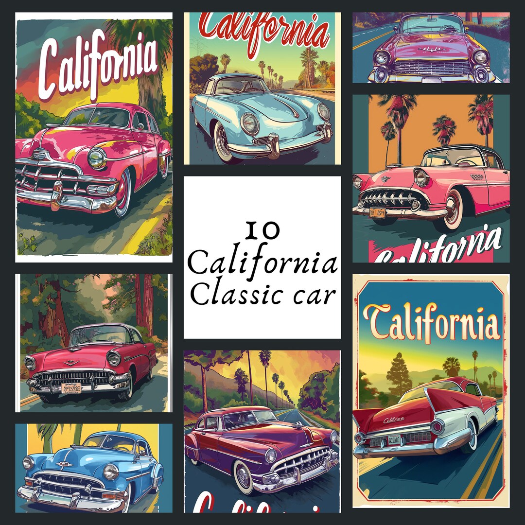 10 Classic American Car PNG Clipart, California Text Caption, Vintage