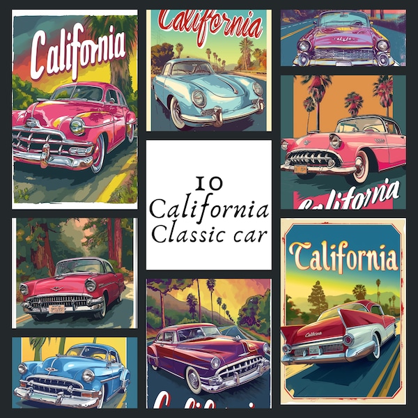 10 Classic American Car PNG Clipart, California Text caption, Vintage 70's 80's Unique Car Collection, Legendary Old Car Retro for Wallart