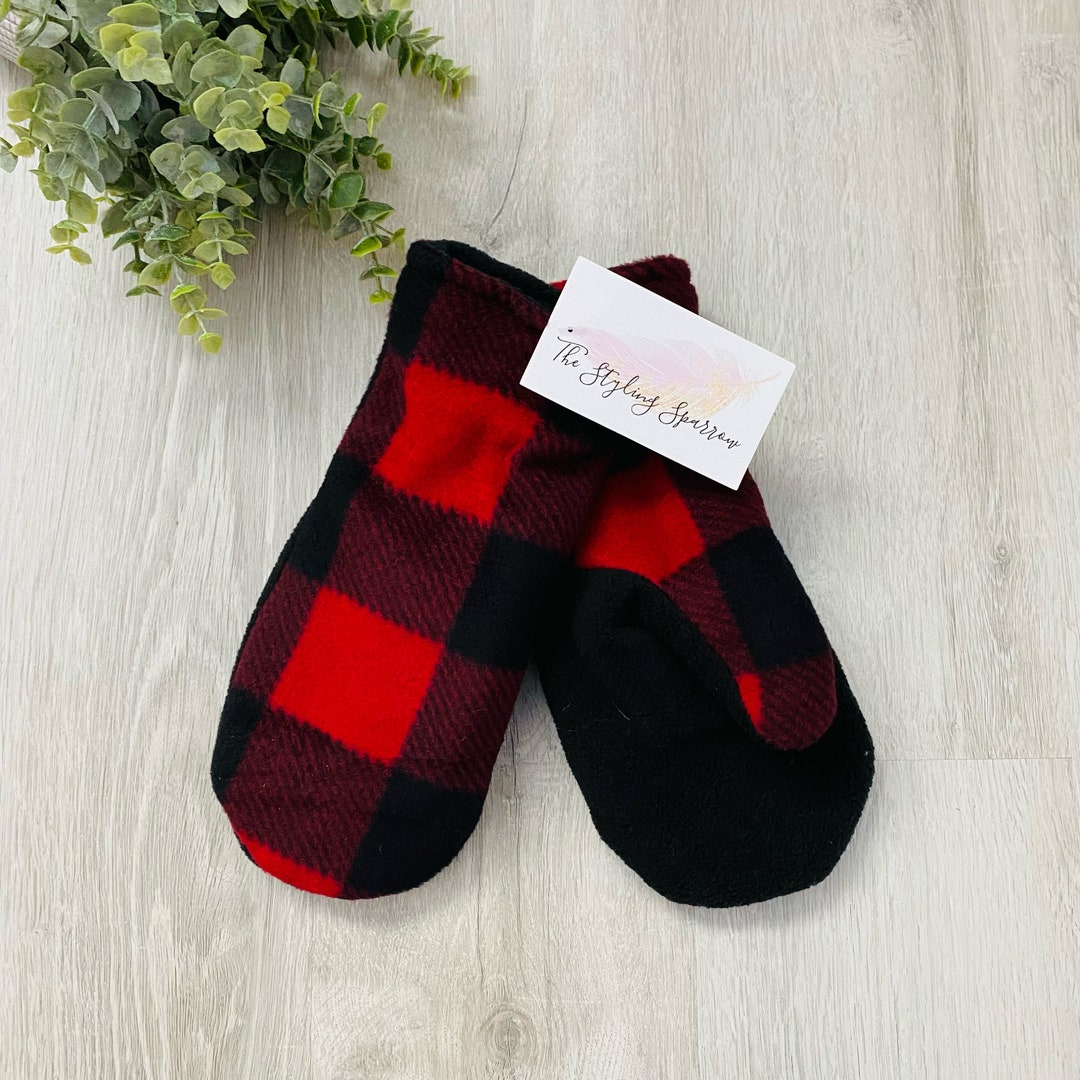 Fleece Mittens Buffalo Check Plaid Red/black, Gift for Her, Warm