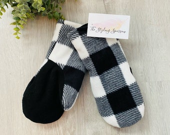 Fleece Mittens Buffalo Check Plaid Black/White, Gift for Her, Warm Mittens, Winter Accessory, Holiday Gift, Double Layered Fleece