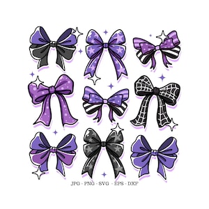 May include: Nine purple and black bows with different patterns, including stars, stripes, and spiderwebs. The bows are all tied in a similar style and have a shiny, sparkly effect.