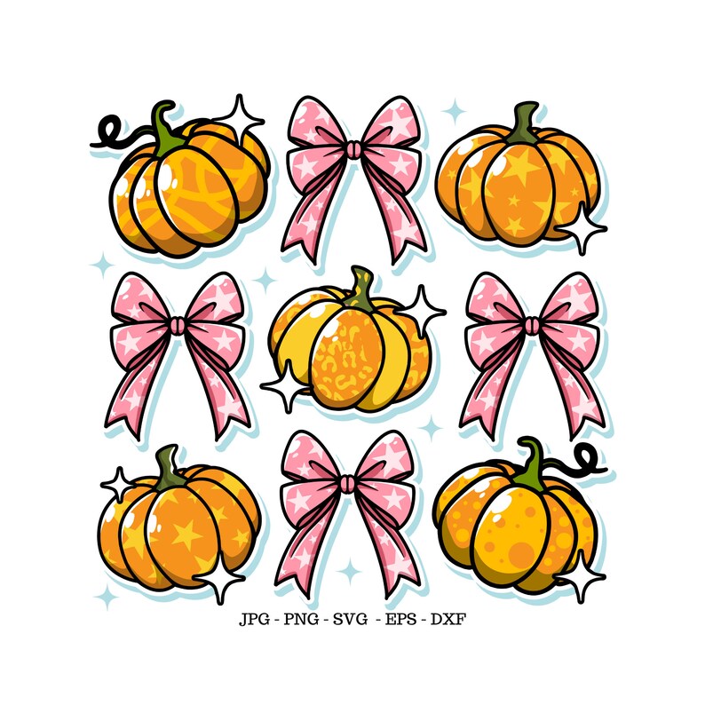 May include: Nine digital illustrations of pumpkins with pink bows. The pumpkins are orange with different patterns and the bows have white polka dots.