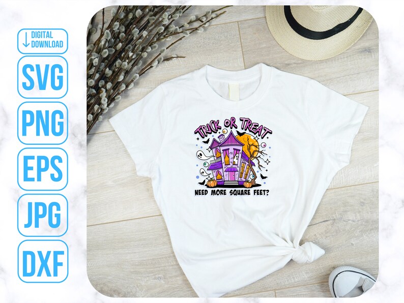 May include: White t-shirt with a purple and orange cartoon house with the text "Trick or Treat. Need more square feet?" printed on the front.