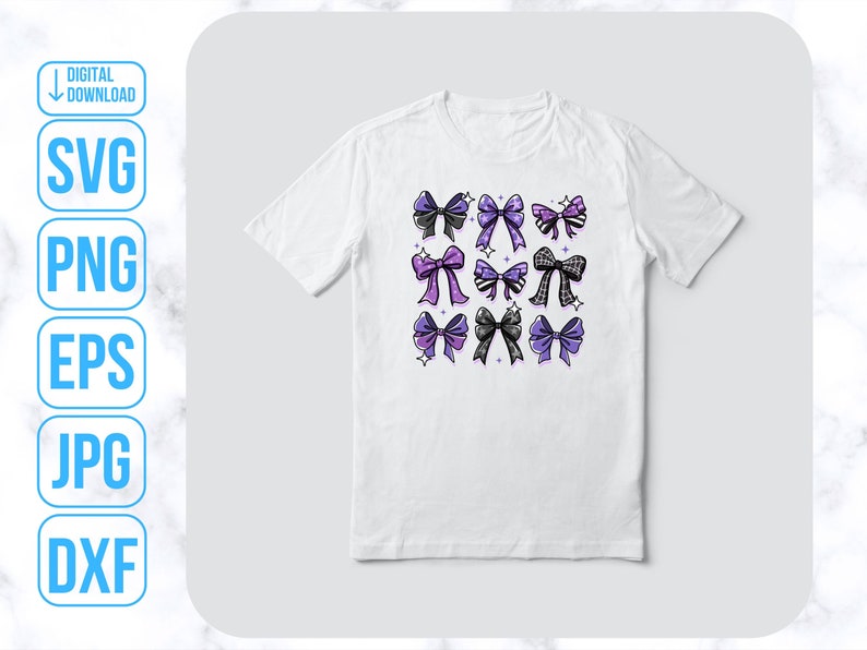 May include: A white t-shirt with a design of purple and black bows with white polka dots. The bows are arranged in a grid pattern on the front of the shirt.