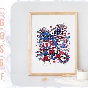 May include: A digital illustration of a red, white, and blue American flag with fireworks and the word "America" in a cartoon style.