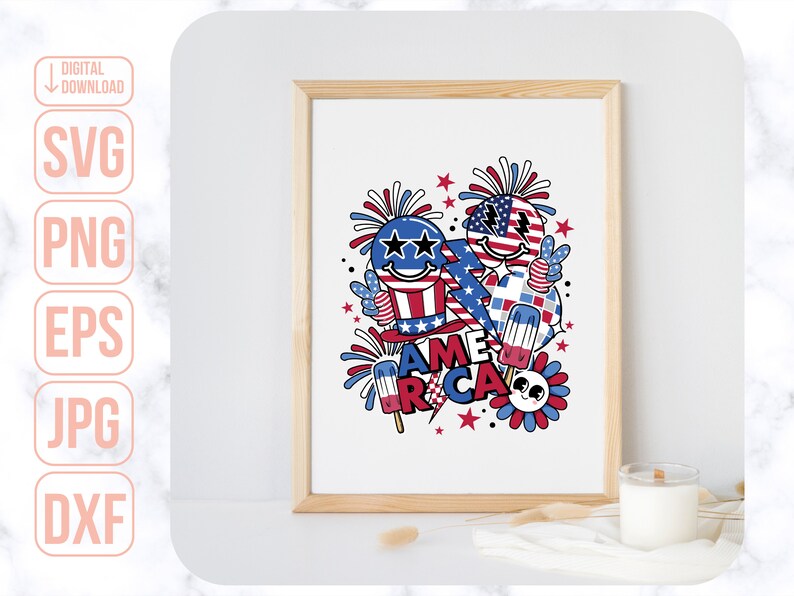 May include: A digital illustration of a red, white, and blue American flag with fireworks and the word "America" in a cartoon style.