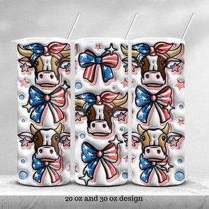 May include: Three white tumblers with a red, white, and blue cow and bow design. The tumblers are 20 oz and 30 oz.
