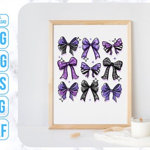 May include: A digital download of 12 purple and black bow illustrations with white stars. The bows are arranged in a grid pattern on a white background.