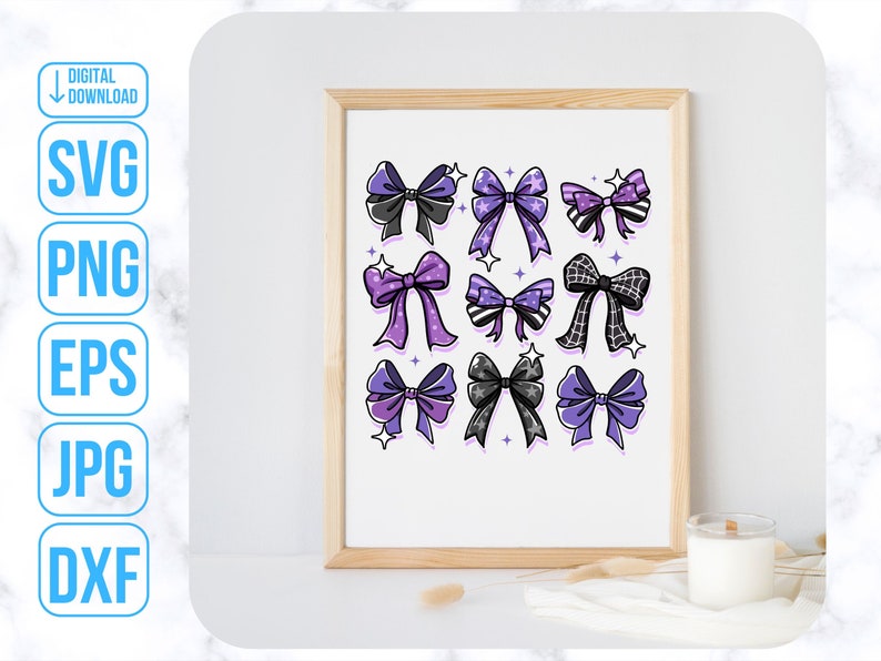 May include: A digital download of 12 purple and black bow illustrations with white stars. The bows are arranged in a grid pattern on a white background.