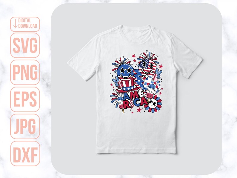 May include: White t-shirt with a cartoon design featuring two characters with American flag colors and the word "America" in red, white, and blue letters. The design also includes fireworks, stars, and a popsicle.