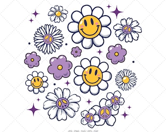 Retro Face Svg, Flower Face Png, Happy Face Png, Groovy Flower Svg
