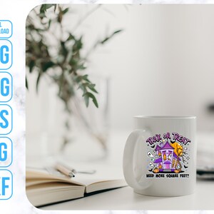 May include: White ceramic mug with a purple and orange cartoon illustration of a haunted house with the text "Trick or Treat Need More Square Feet?"