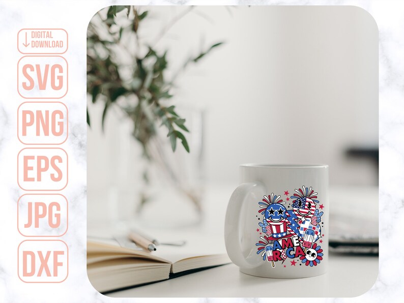 May include: White ceramic mug with a colorful design featuring fireworks, stars, and the word "America". The design is in red, white, and blue.
