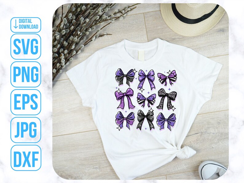 May include: A white t-shirt with a design of purple and black bows with white polka dots. The bows are arranged in a grid pattern.